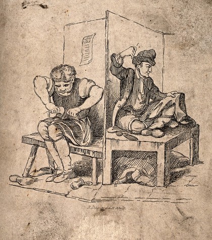 A shoemender and a tailor sitting on benches repairing old shoes and clothes. Etching by R. Dagley.