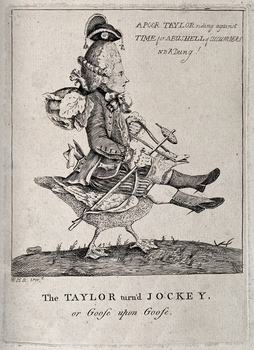 A taylor riding on the back of a duck. Etching after W.H.B.