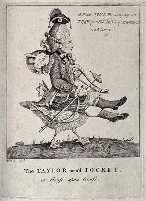 view A tailor riding on the back of a goose; representing an exploited worker. Etching after W.H.Bunbury.