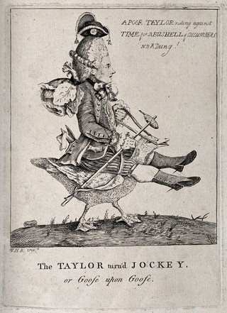 A tailor riding on the back of a goose; representing an exploited worker. Etching after W.H.Bunbury.