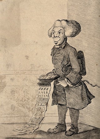 A tailor holding out a folding swatch of cloth samples. Etching by J. Bretherton after H.W. Bunbury.
