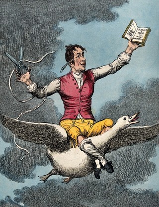 William Taylor, as a tailor holding a pair of scissors in one hand, a tape measure across his arm and a book of poetry in the other hand, riding on the back of a goose. Coloured etching, 1811.