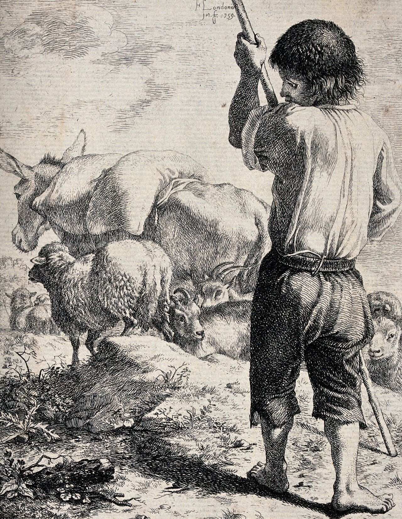 A boy with a staff is tending to a flock of sheep and a donkey carries a load on its back. Etching by Francesco Londonio., 1700-1799, by Francesco Londonio