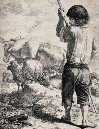 A boy with a staff is tending to a flock of sheep and a donkey carries a load on its back. Etching by Francesco Londonio.