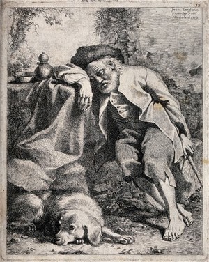 view An old man has fallen asleep leaning against the table, while his dog keeps a watchful eye. Etching by F. Londonio, 1759.