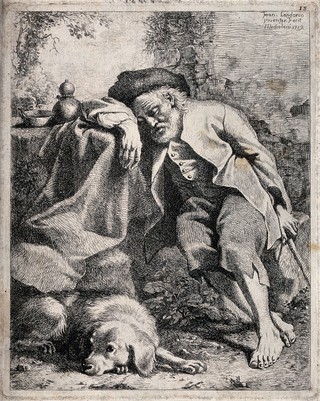 An old man has fallen asleep leaning against the table, while his dog keeps a watchful eye. Etching by F. Londonio, 1759.