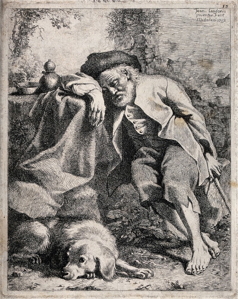 An old man has fallen asleep leaning against the table, while his dog keeps a watchful eye. Etching by F. Londonio, 1759., 1759, by Francesco Londonio