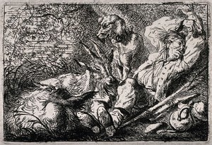 view A goatherd lies down to rest with his goats and his dog. Etching by F. Müller.