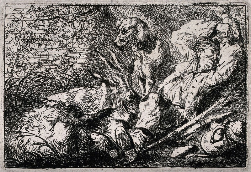 A goatherd lies down to rest with his goats and his dog. Etching by F. Müller., 1700-1799, by Painter Müller