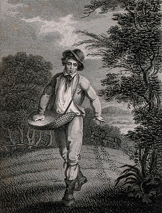 A young farmer's boy is sowing seed in the field. Engraving.