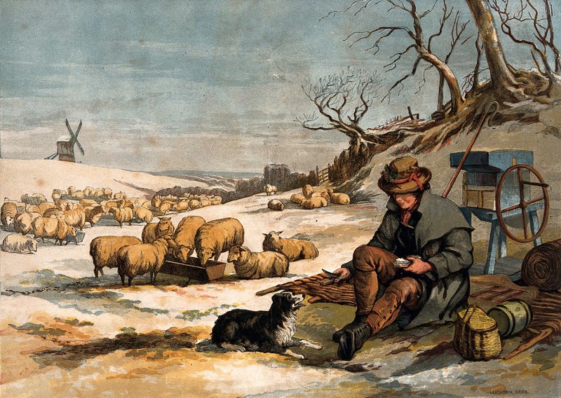 A shepherd sits outside on a cold winter's day sharing his meal with his dog. Colour print after E. Duncan., by Edward Duncan