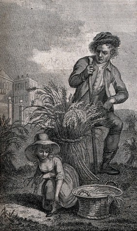 A farmer is watching a poor girl who is picking up small ears of corn; in the background is an expensive country house. Engraving by J.M. Delatre, 1788, after J.H. Ramberg.