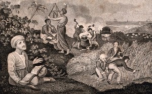 view An Arabic (?) man singing from a songbook; African or Indian men surveying the land; westerners sowing seed and reaping; smiths hammering iron. Engraving.