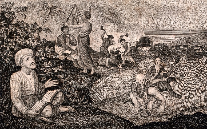 An Arabic (?) man singing from a songbook; African or Indian men surveying the land; westerners sowing seed and reaping; smiths hammering iron. Engraving.