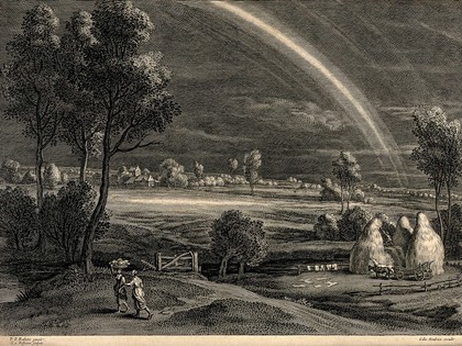 A rural landscape: a rainbow is in the sky as a man finishes building haystacks and two young women walk home. Engraving by S. à Bolswert after Sir P. P. Rubens.