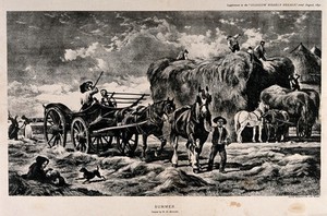 view Hay is being gathered into a haystack, and a boy is leading horses pulling an empty wagon. Photolithograph after W.H. Hopkins.