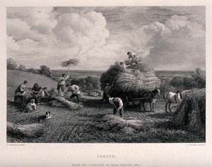 view People loading corn on to a horse-drawn cart at harvest-time. Engraving by J. Cousen after J. Linnell.