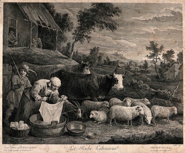 A woman is washing clothes in a tub in a farmyard while a herder drives sheep, cattle and a goat out to pasture. Engraving by L. Halbou after a painting attributed to D. Teniers.
