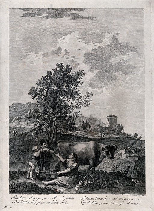 A woman is giving milk to the children from the cow at her side. Engraving by F. Bartolozzi after Zuccarelli.