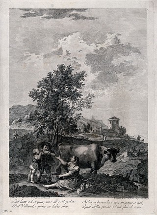A milkmaid milking a cow and giving a bowl of the milk to two children. Engraving by F. Bartolozzi after F. Zuccarelli, ca. 1762.