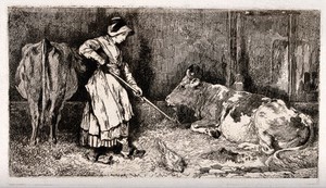 view A girl wearing clogs turns the hay for cows in their shed. Etching by Jules Laurens.