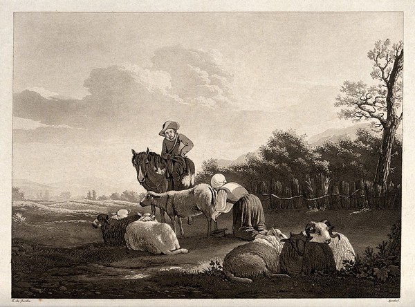 A mounted man looks on while a shepherd girl milks a ewe. Aquatint by C. Apostool after K. du Jardin.