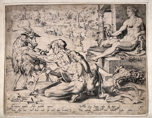 A man is milking a goat, sowers are sowing seed, as a plowman tills the earth, a young man holds a sickle and a cornucopia lies on the ground. Etching by D. Coornhert after M. van Heemskerck.