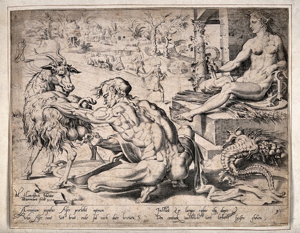The patriarch Asher milking a goat, men ploughing and sowing the fields, and the goddess Ceres holding a scythe; a cornucopia lies on the ground. Etching by D. Coornhert after M. van Heemskerck.