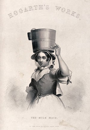 view A milk maid holding a milk pail on her head. Engraving by J. Moore after W. Hogarth.