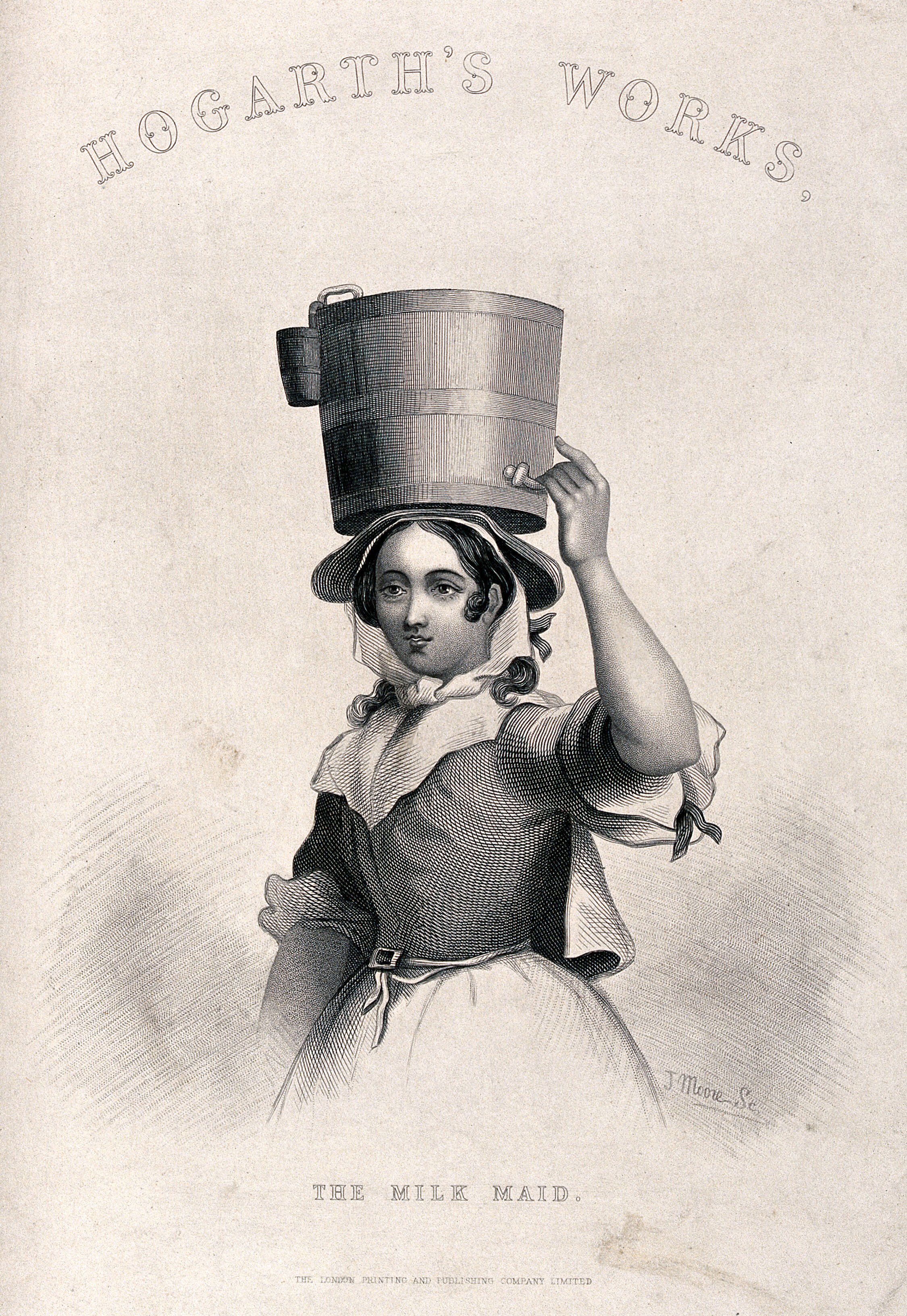 A milk maid holding a milk pail on her head. Engraving by J. Moore
