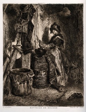 view A woman stands at a large vat making butter. Etching by J. Laurens.