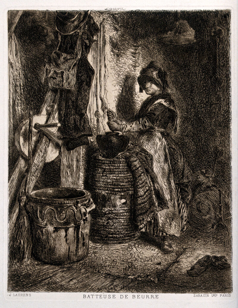 A woman stands at a large vat making butter. Etching by J. Laurens., 1800-1899, by Jules Laurens
