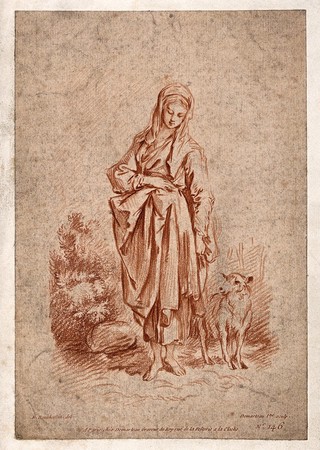 A young woman stands with a sheep by her side. Crayon manner print by Gilles Demarteau after F. Boucher.
