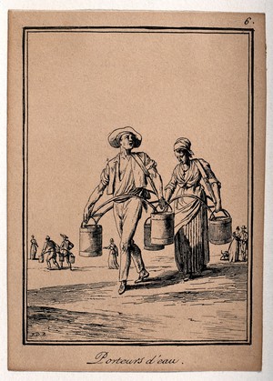 view Two people carrying water in buckets. Etching by J. Duplessi-Bertaux.