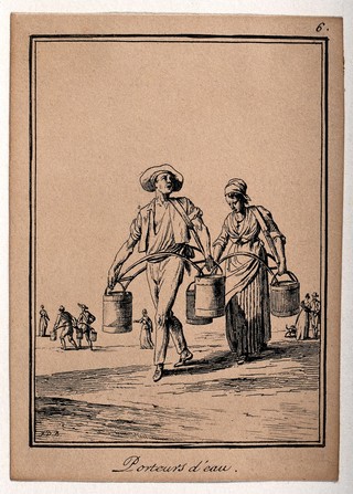 Two people carrying water in buckets. Etching by J. Duplessi-Bertaux.