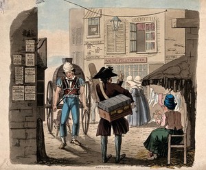 view Street vendors and shops in a street in Paris. Coloured aquatint by R.B. Peake.