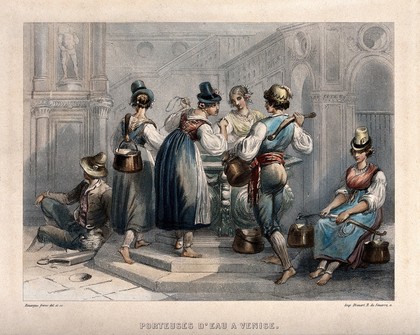 Water carriers in Venice fill up their buckets at a well. Coloured process print by Drouart after Rouargue brothers.