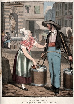 A young woman in Paris takes a jug of water from the water carrier's bucket. Colour lithograph by J.J. Chalon.