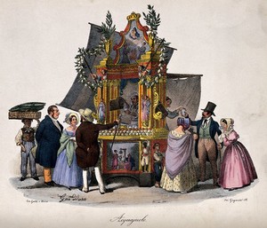 view Two groups of customers buying water to drink from a large ornate stand staffed by a man and a woman. Coloured lithograph by G. Dura.