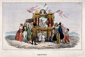 view Family groups and travellers in Naples buy water from a water seller's stand. Coloured lithograph.
