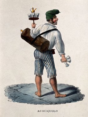 A water seller carries a canister of water with glasses and a jug on a small tray. Coloured lithograph.