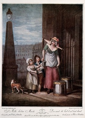 A female milk seller is offering two children milk from the metal pails she has unyoked and rested on the ground. Colour process print after L. Schiavonetti after F. Wheatley.