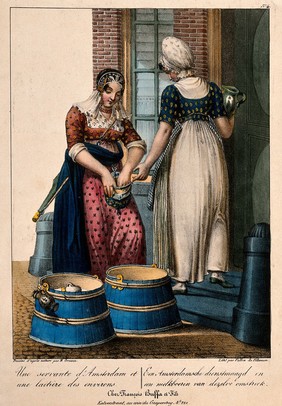 A maidservant on the doorstep of an Amsterdam house purchases milk from a local milkmaid. Coloured lithograph by J. Vallou de Villeneuve, 1828/1829, after H. Greeven.