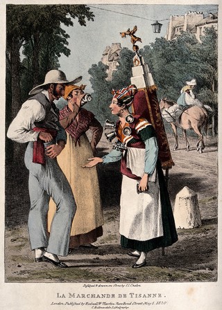 A woman tea vendor is waiting for payment for the drink the man has bought for his female companion. Coloured lithograph by J.J. Chalon.