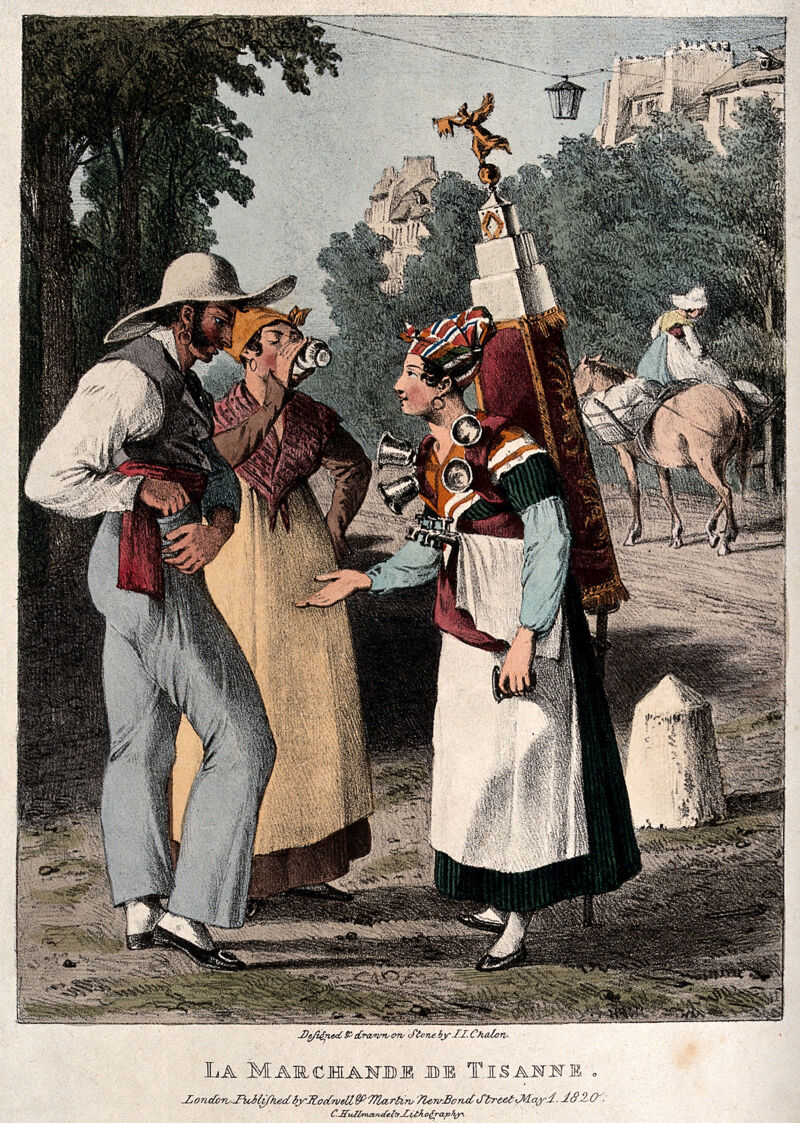 A woman tea vendor is waiting for payment for the drink the man has bought for his female companion. Coloured lithograph by J.J. Chalon., May 1 1820, by John James Chalon