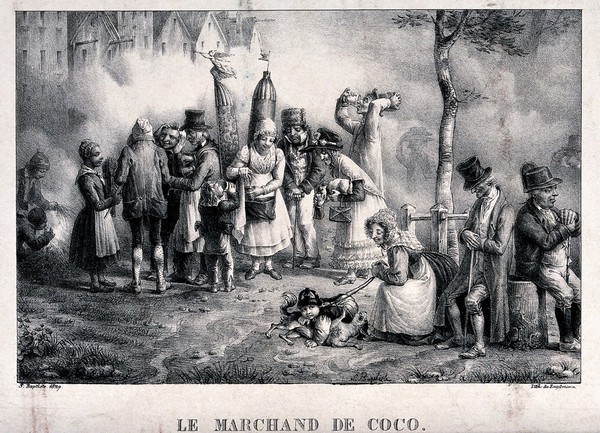 People purchasing drinks from a cocoa vendor as others sit resting under a tree in fog. Lithograph by Engelmann after S. Baptiste, 1827.