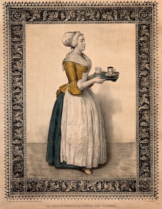 A woman carrying a cup of chocolate and a glass on a tray. Coloured lithograph by L. Noël after J.E. Liotard.