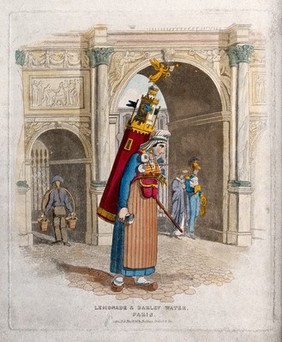 A vendor of lemonade and barley water in Paris is carrying a large drinks container on her back as she walks through the street. Coloured etching with aquatint by R. Bridgens.