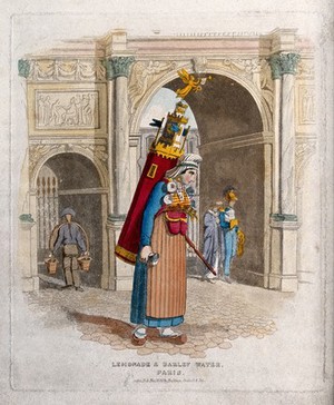 view A vendor of lemonade and barley water in Paris is carrying a large drinks container on her back as she walks through the street. Coloured etching with aquatint by R. Bridgens.