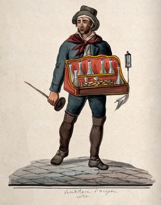 A street vendor of brandy is carrying a tray with bottles and glasses in it. Watercolour painting.